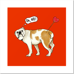 Oh, no! Touched by Cupid's arrow - funny english Bulldog With Heart Arrow - Humorous Valentine's Day illustration Posters and Art